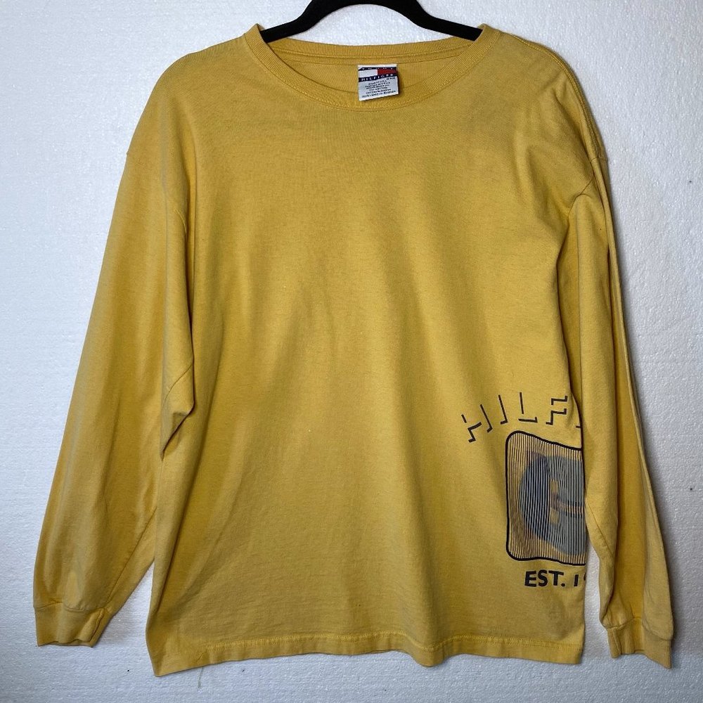 Tommy Hilfiger Men's Size Medium Yellow Spell Out Logo Long Sleeve T-Shirt Tee